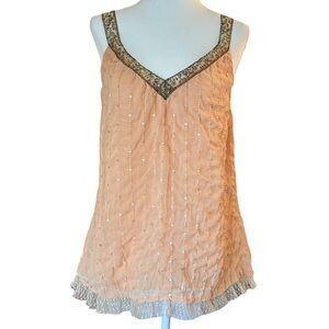 Hazel Beaded Ruched Tulle Sequin Embellished Silk Pink Orange Tank Top Large